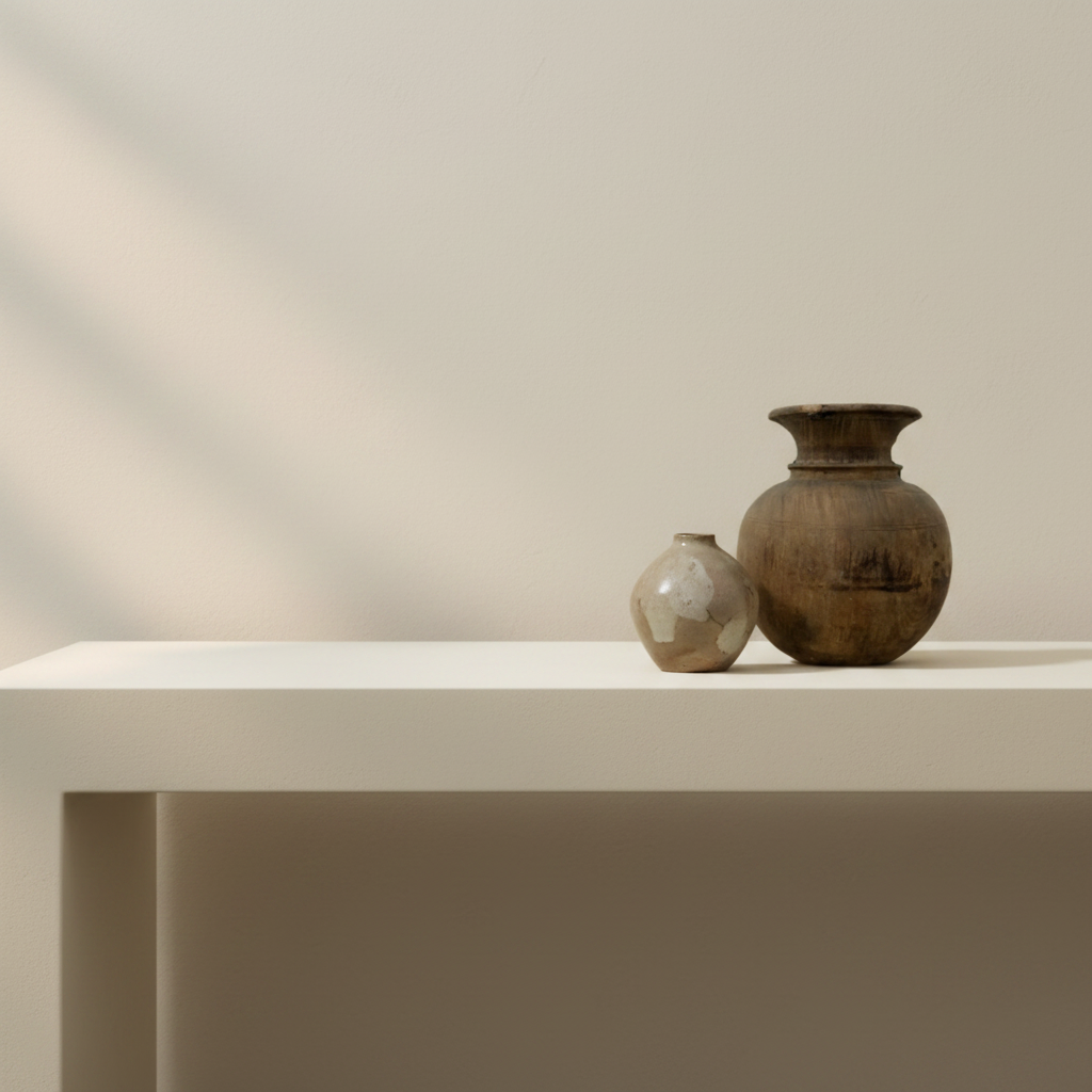 A rustic dark brown wooden vase with a rounded body and flared rim, displayed on a white surface against a light beige background.