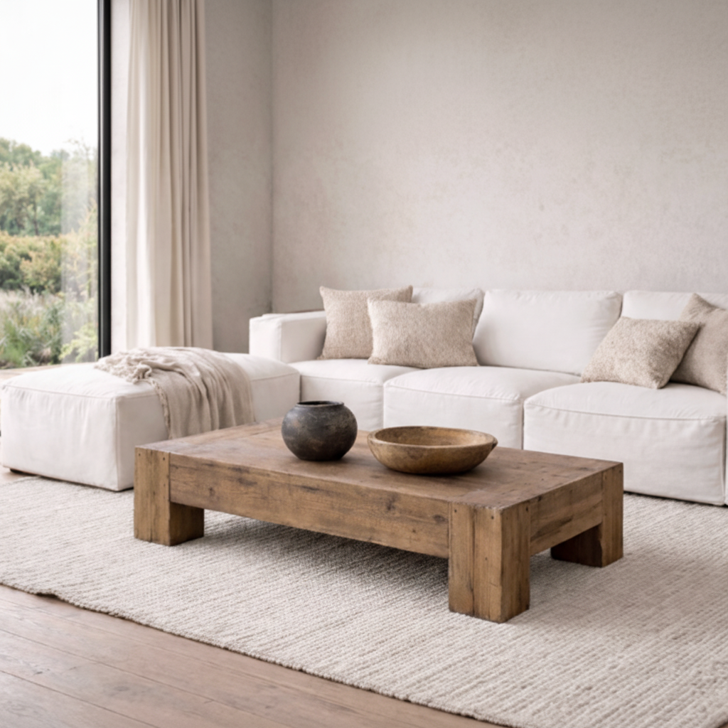 Reclaimed Recycled Pine Chunky Leg Coffee Table Wabi Sabi Style Living Room