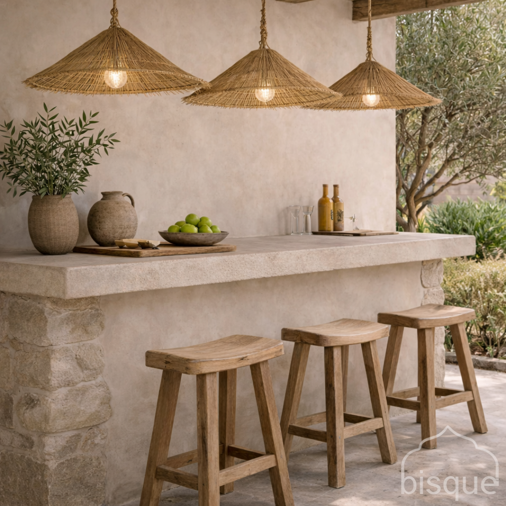Eftia raffia woven cone pendant lights above an outdoor kitchen counter with stone countertop, wooden stools, and decorative items.