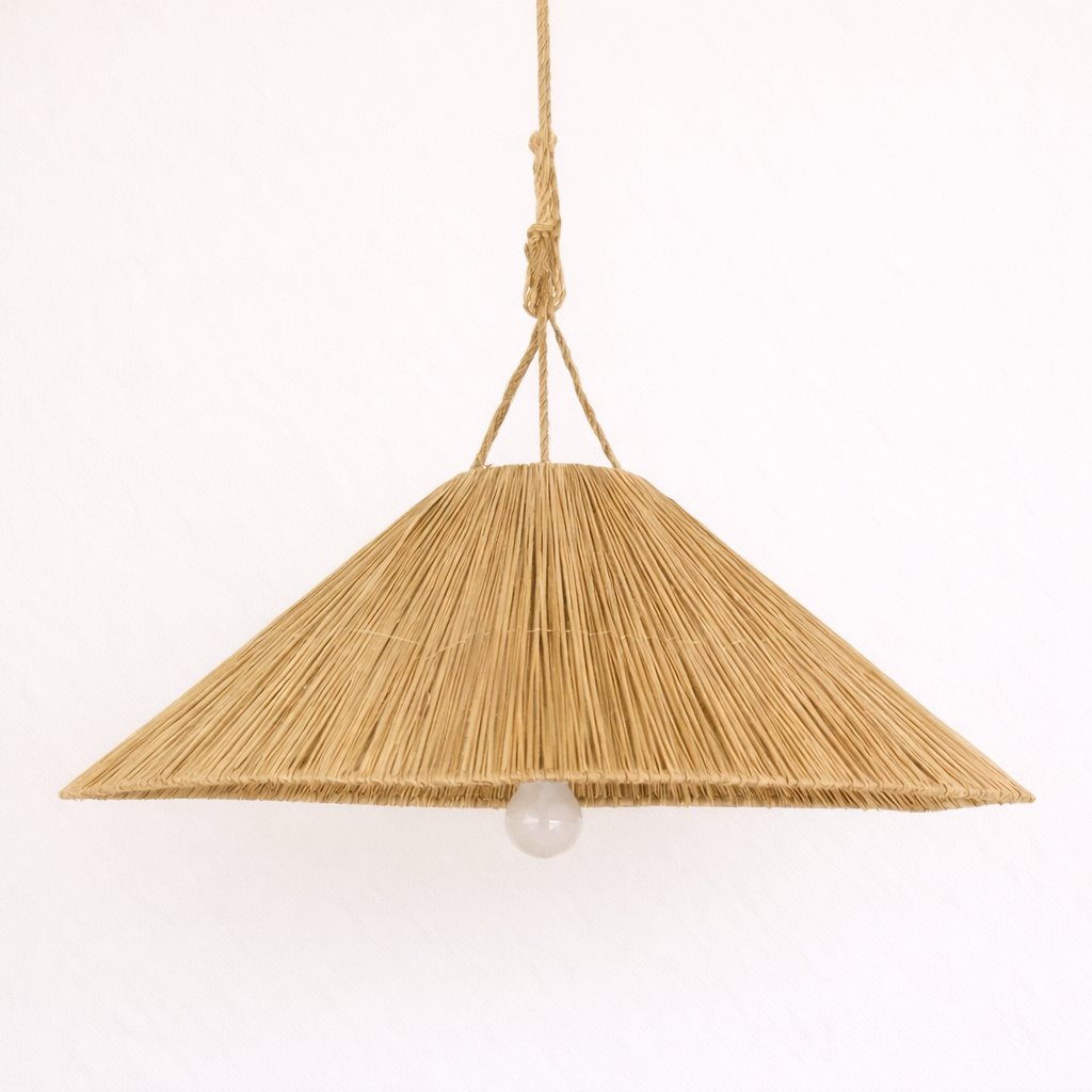 Woven Eftia Raffia pendant light on a white background