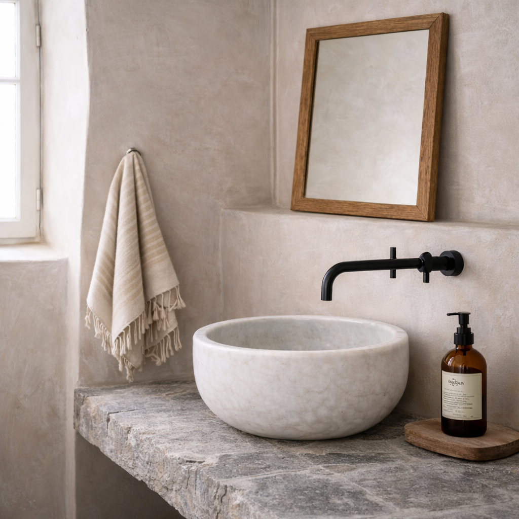 Elia white round 5cm marble basin, wabi sabi, Bisque