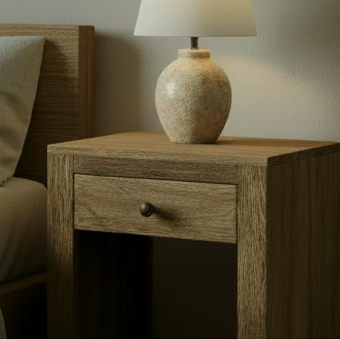 Wooden nightstand with a textured lamp on top next to a bed.