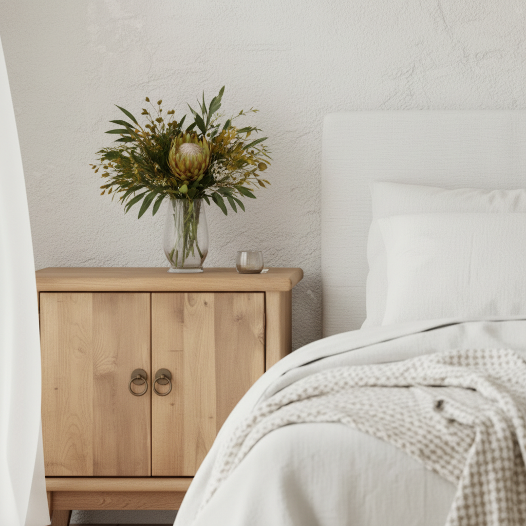 Neatly made bed with white bedding and wooden nightstands in a bright bedroom.