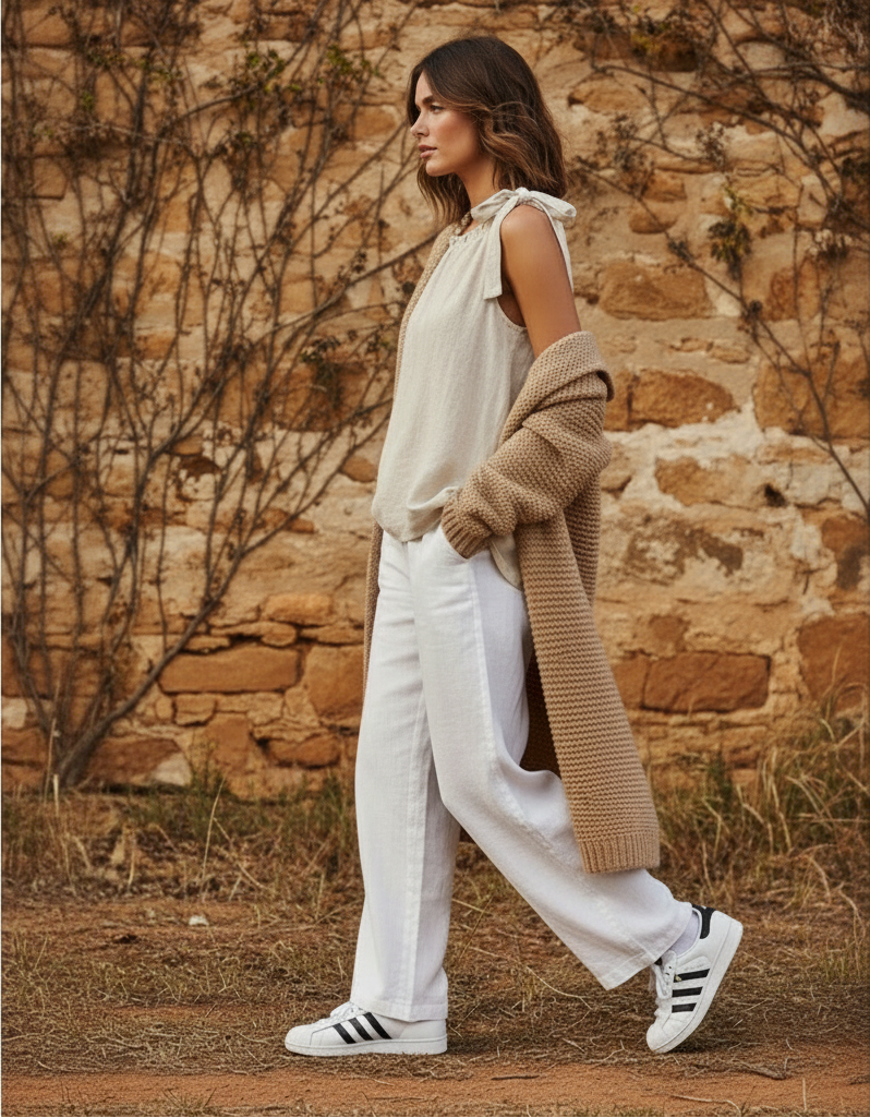 Woman walking outdoors against a rustic brick wall wearing a beige cardigan, Fraiser sand beige Italian linen top, white pants, and sneakers.
