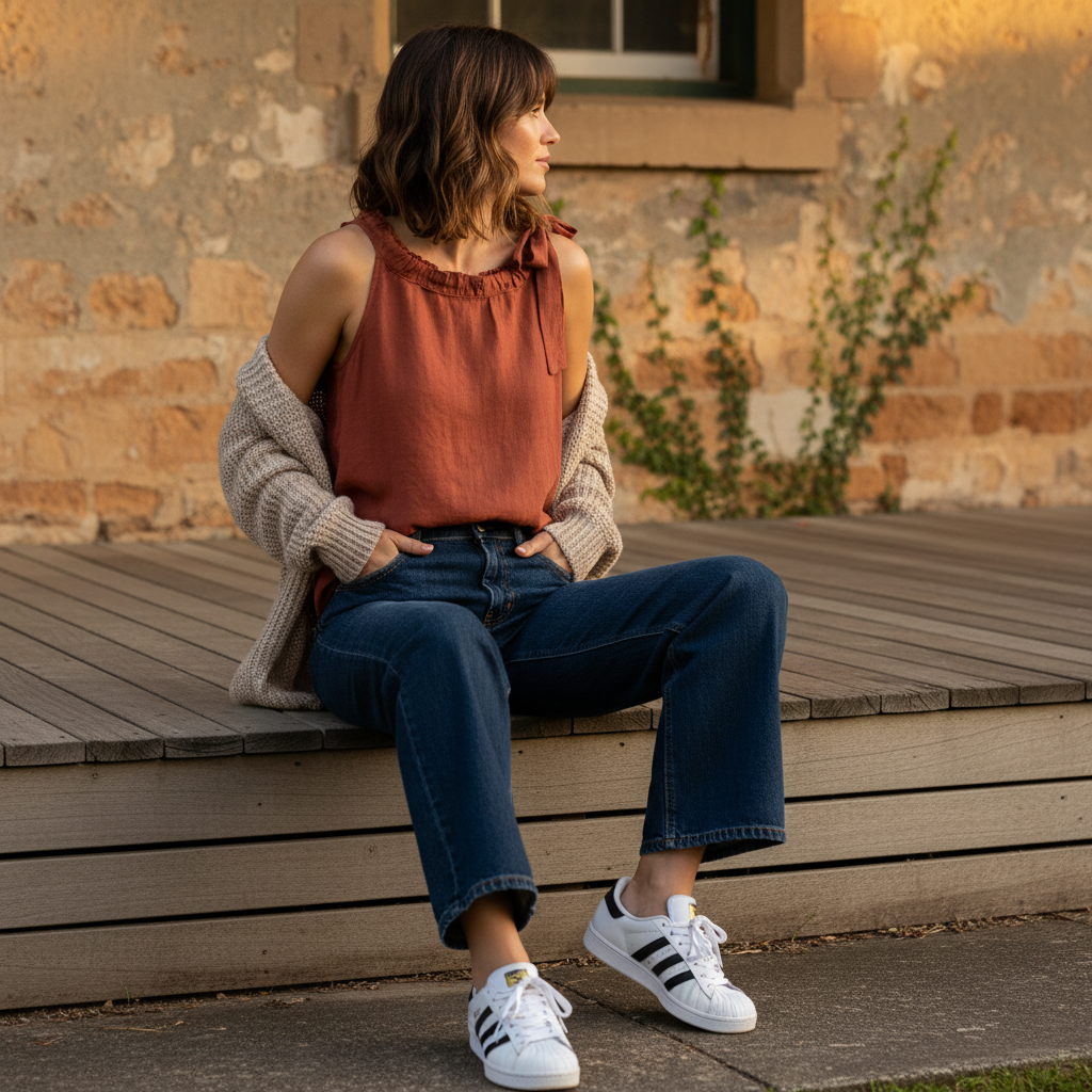 Lady wearing a Coco Brown Italian linen top with bow detail