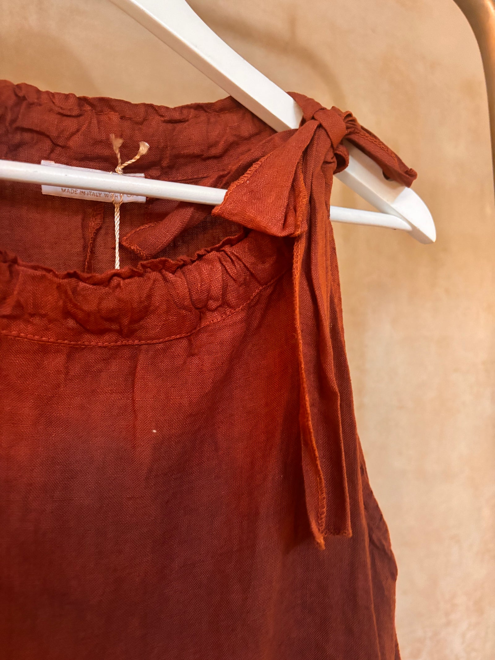 Coco brown Italian linen top with ruffles and a bow detail