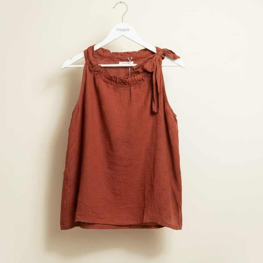Brown sleeveless Italian Linen top with a bow detail