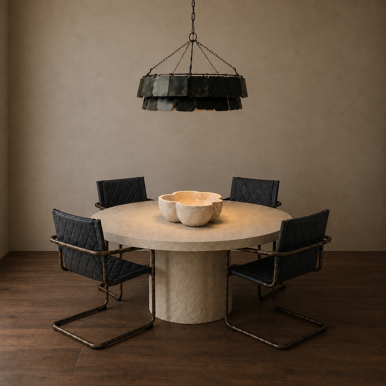 Dining area with a round stone table and four black chairs under a black marble Giada chandelier.