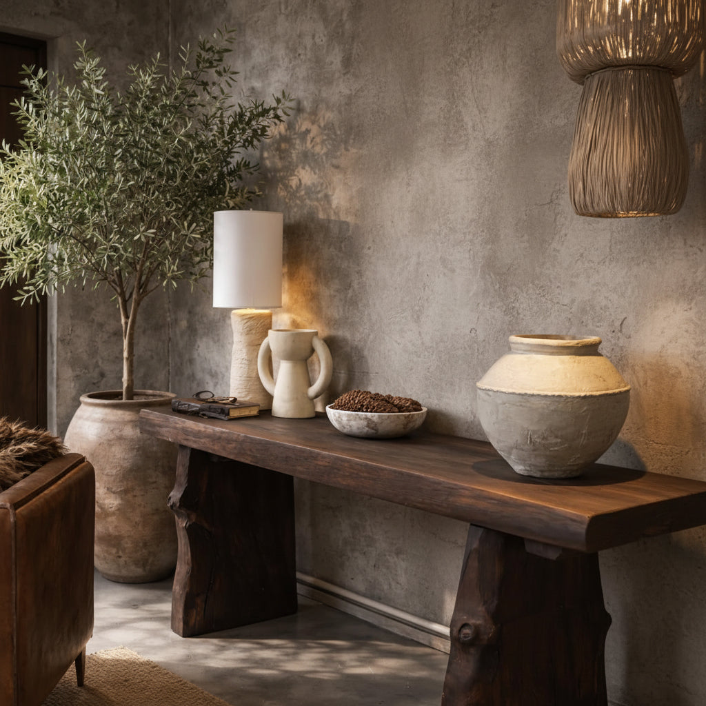 imola reclaimed teak 210cm raw edge console, dark stained