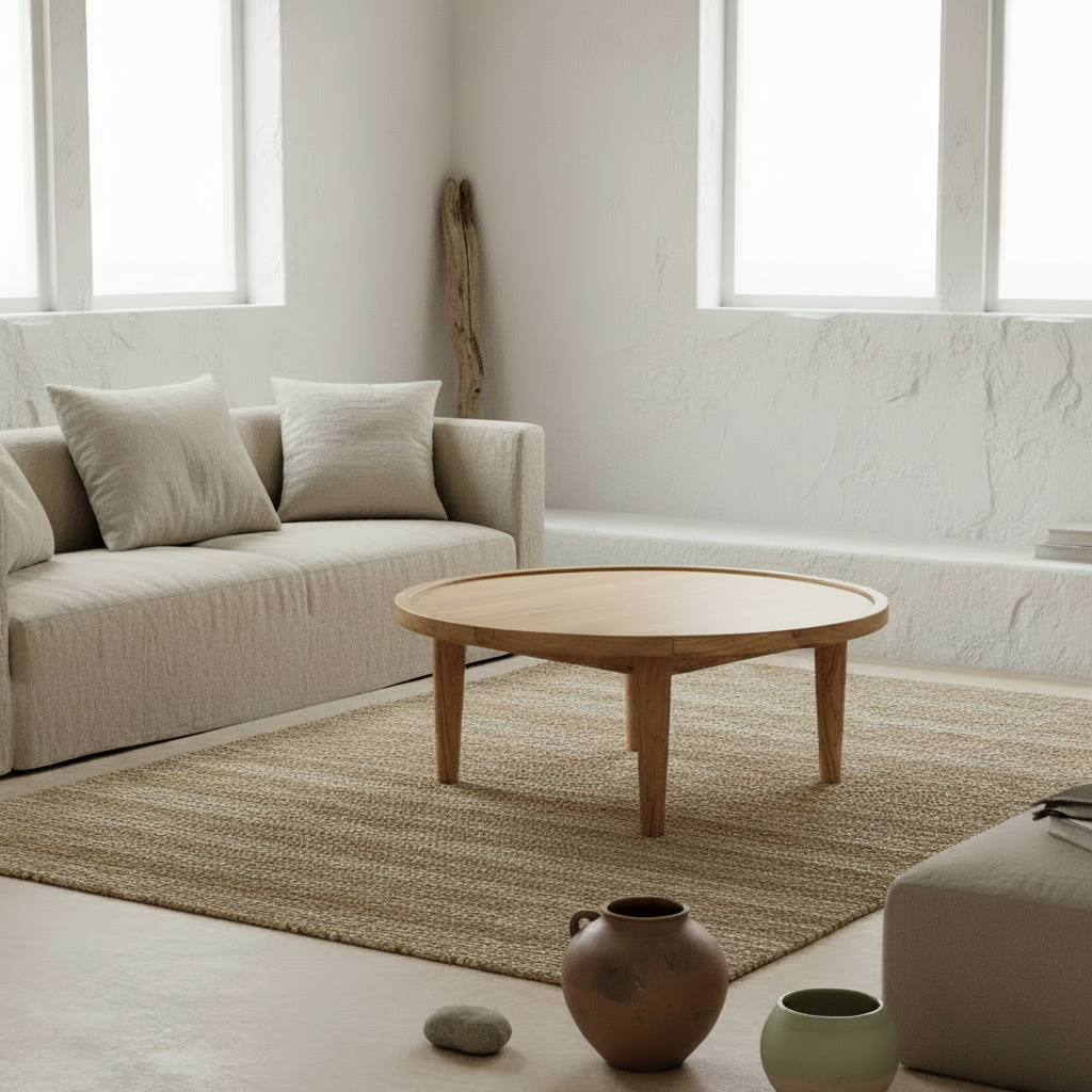 round natural reclaimed 75cm teak coffee table bisque