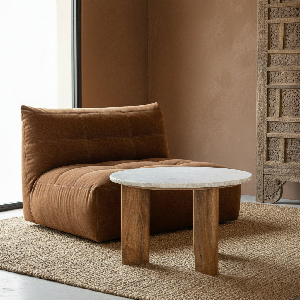 round marble coffee table in wabi sabi room