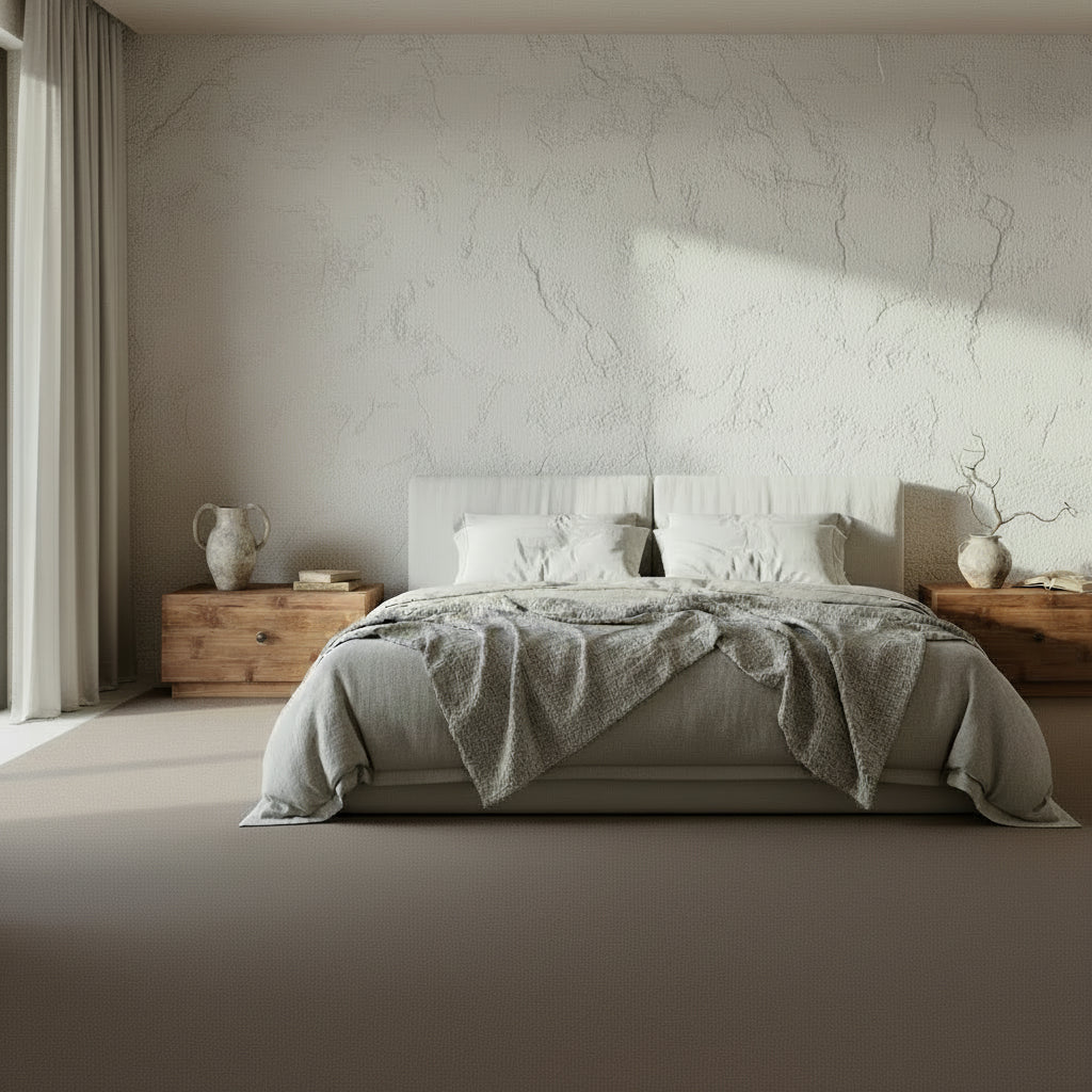 Modern bedroom with a bed, nightstands, and decorative items.