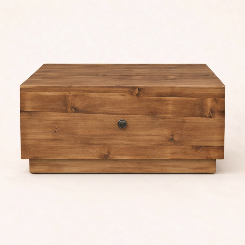Wooden chest with a single handle on a white background
