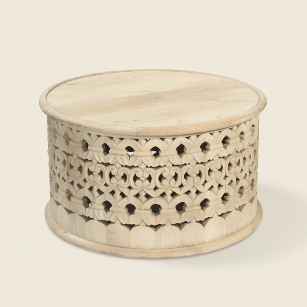 jhansa carved detailed mango wood natural round coffee table, bisque
