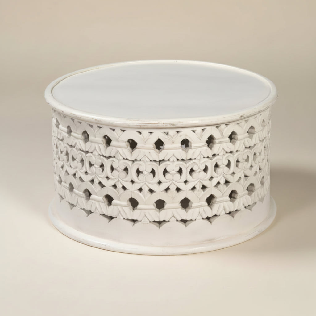 Jhansi : Indian 82cm Round Carved Coffee Table, White