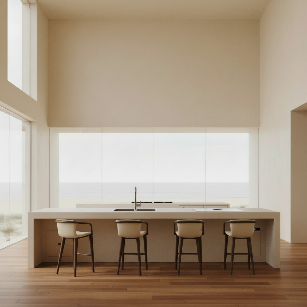 Jordano cream leather, dark wood frame, 65cm seat height barstool, kitchen scene, Wabi Sabi, Bisque
