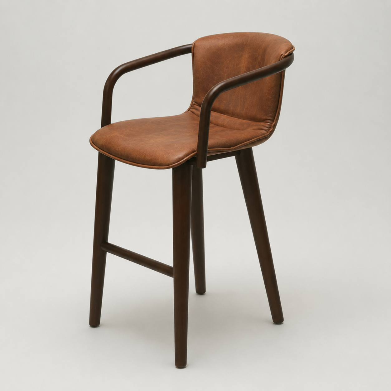 Bar Stool: Jordano, Tan Leather seat and brown frame. 65cm h