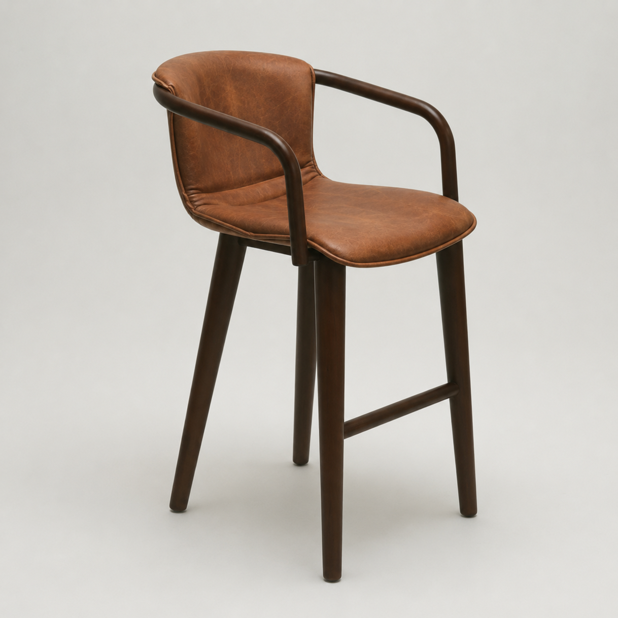 Bar Stool: Jordano, Tan Leather seat and brown frame. 65cm h