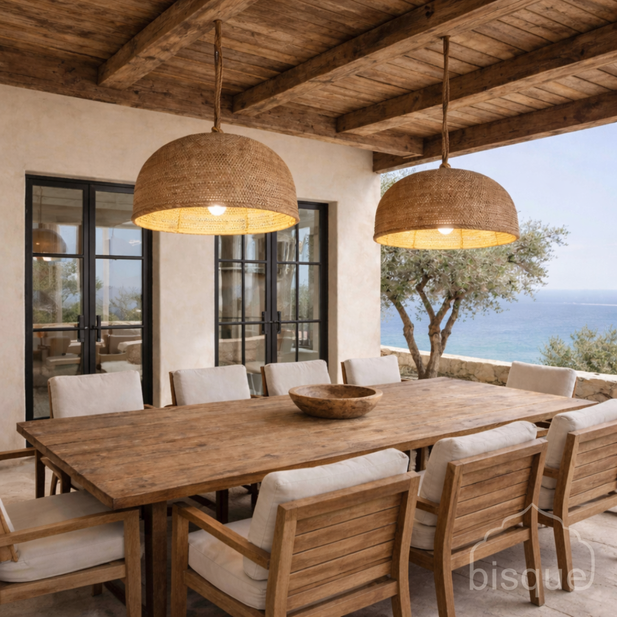 Outdoor dining area with wooden table and chairs under Josefa rattan dome pendant lights, overlooking a scenic view.