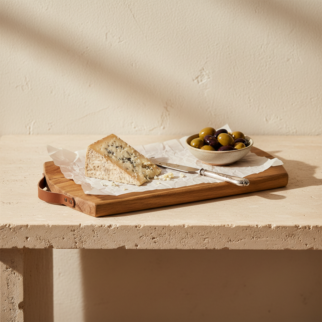A rectangular wooden cutting board with rounded corners and a small integrated handle, shown on a plain white background.