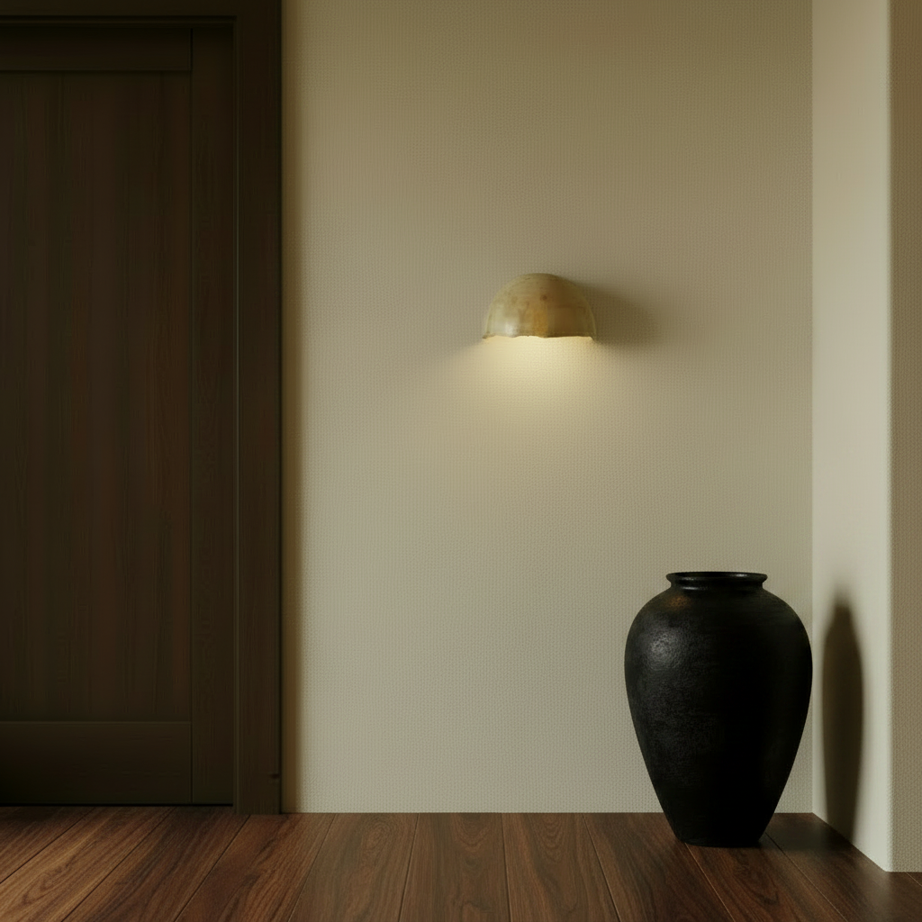 A dome-shaped wall sconce made from fossilised coral.