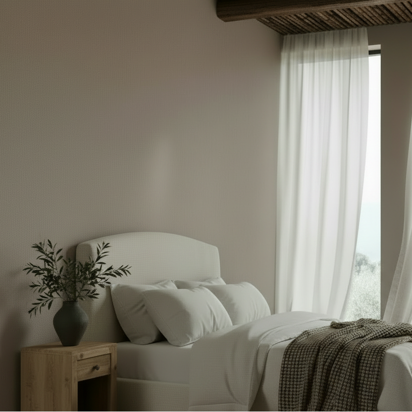 Neatly made bed with white bedding and a wooden side table in a softly lit room.