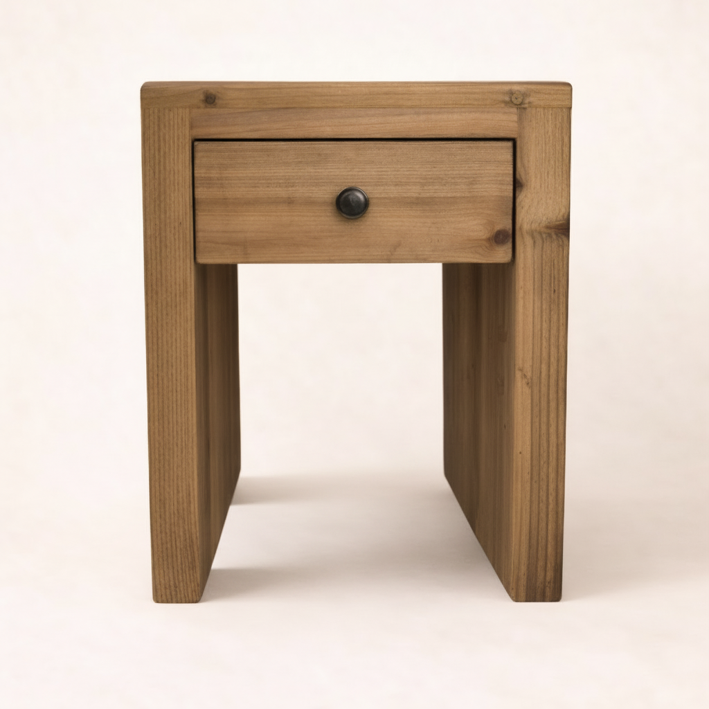 Wooden side table with a drawer on a beige background