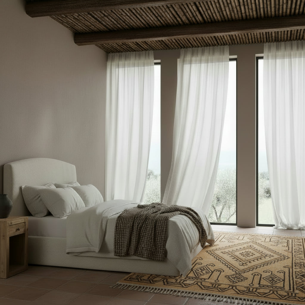 Modern bedroom with a bed, nightstand, and large windows with white curtains.
