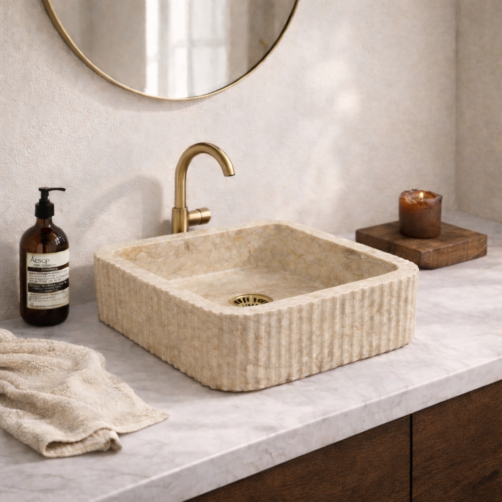 Basin: Kara, Square Fluted Cream Polished 36cm Marble Basin
