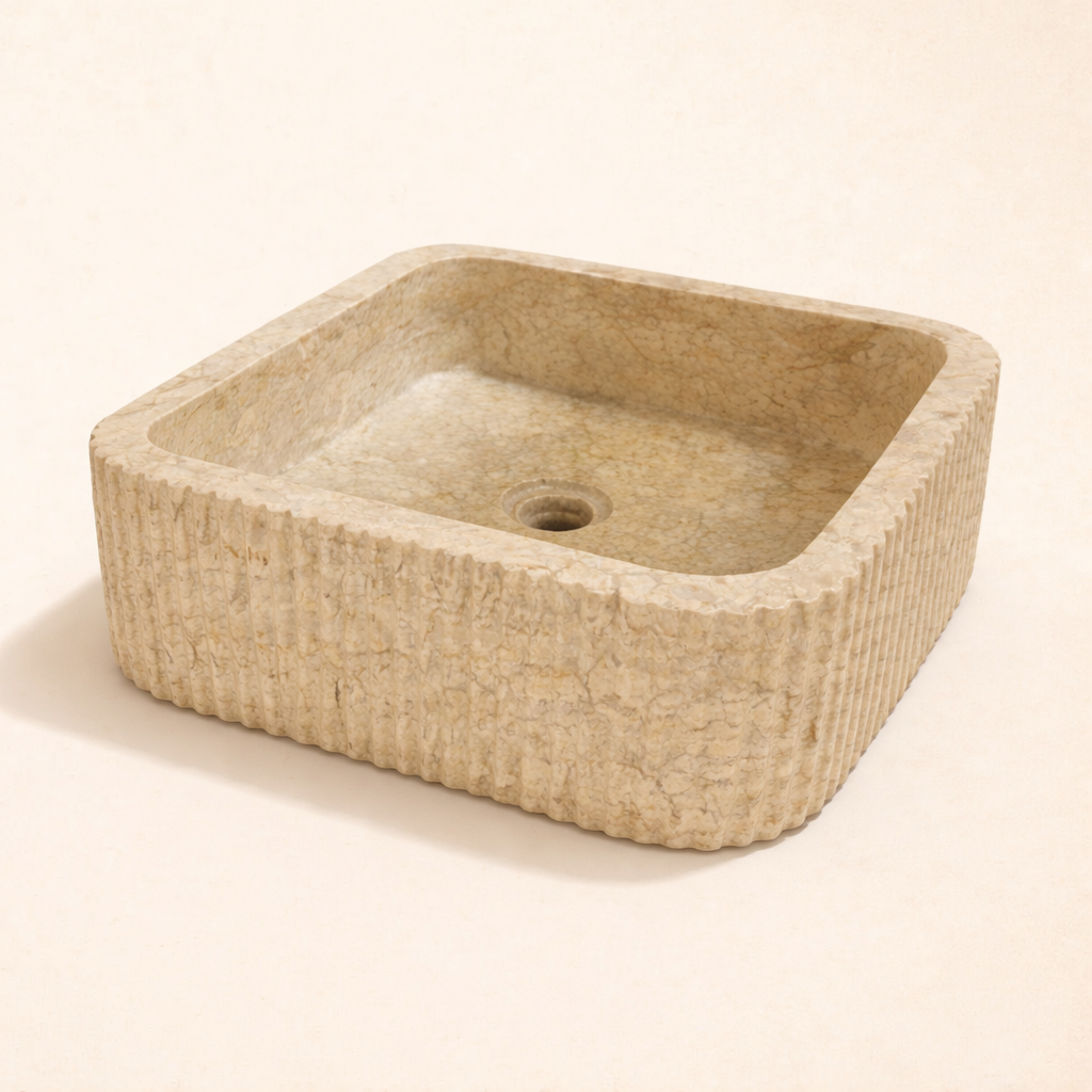 Basin: Kara, Square Fluted Cream Polished 36cm Marble Basin