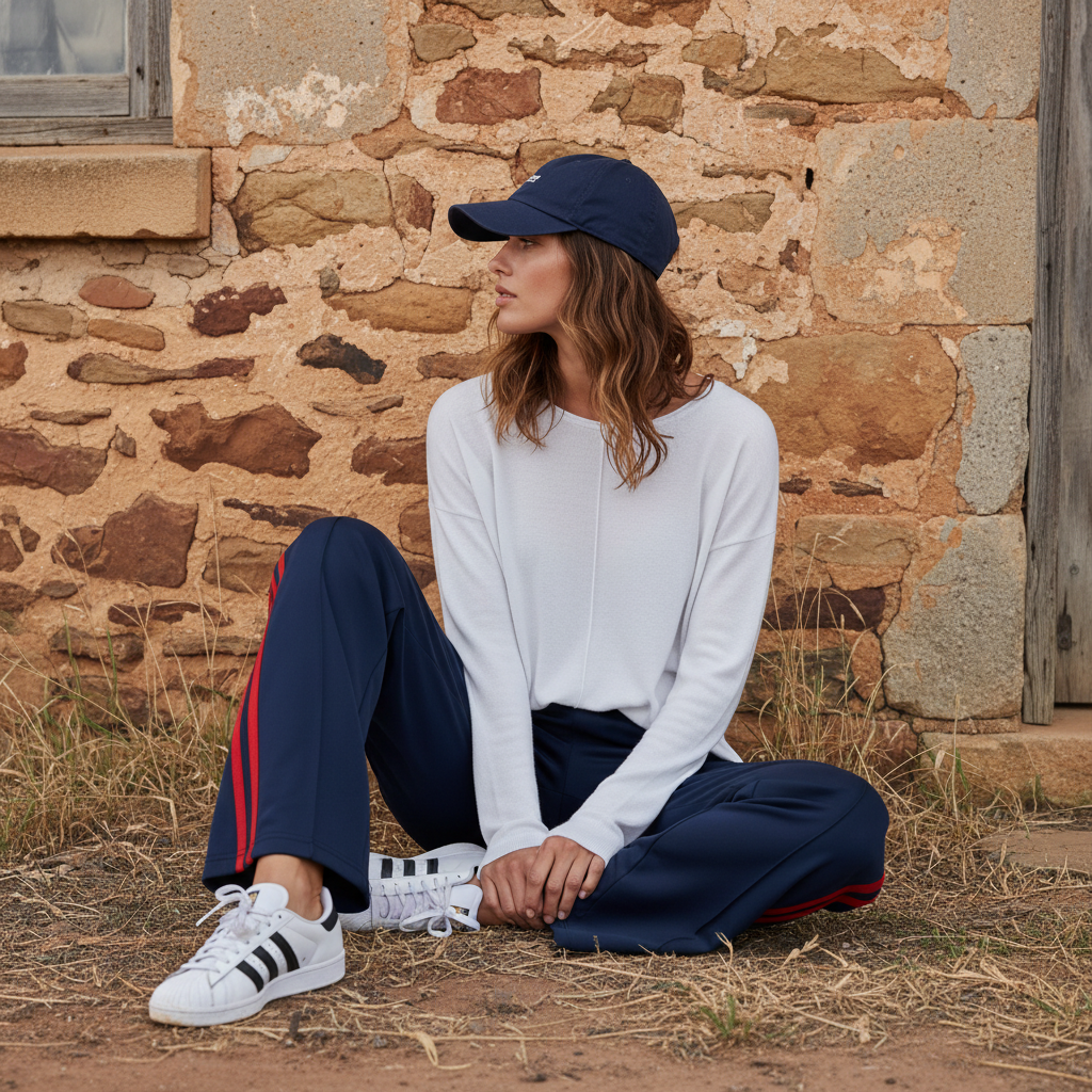 girl wearing a White long-sleeve 100% cotton knit long sleeve top with tracksuit pants.