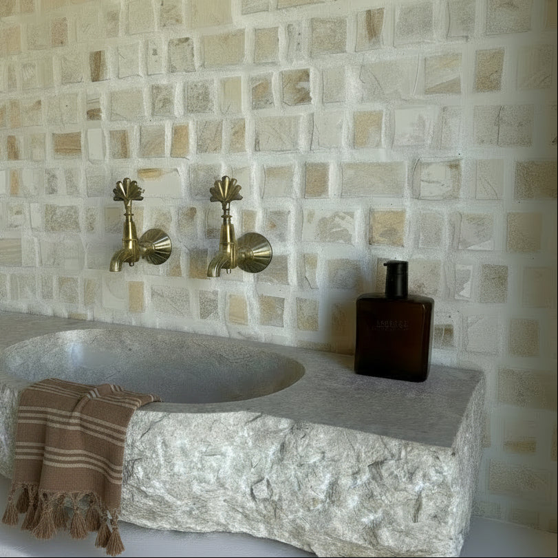 Basin: Kwesi, Long Sculpted Cream Raw Exterior Cream Marble