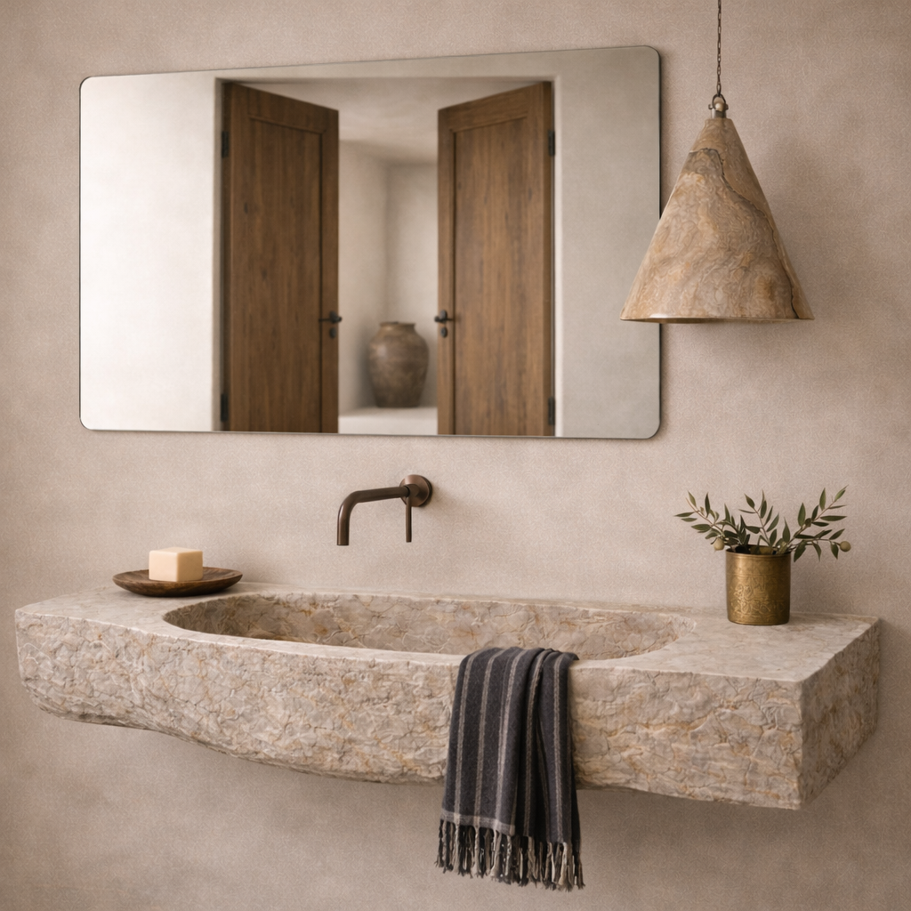 Basin: Kwesi, Long Sculpted Cream Raw Exterior Cream Marble