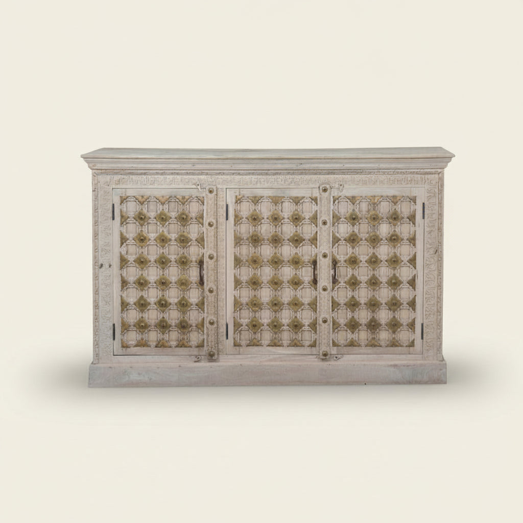 carved 160cm cabinet white washed and brass detailing Bisque