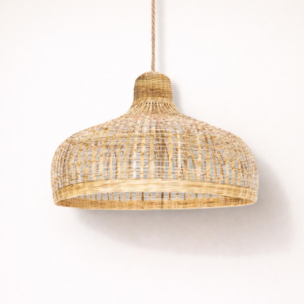 Woven Laloma bamboo pendant light on a white background