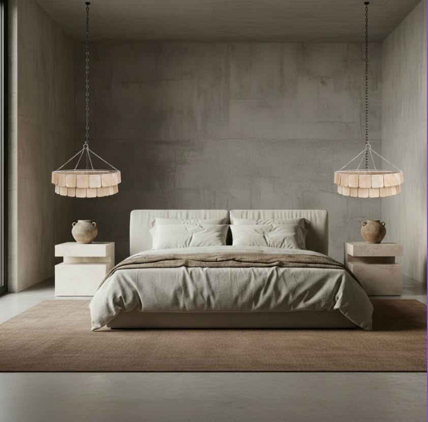 Modern bedroom with a bed, nightstands, and pendant lights.