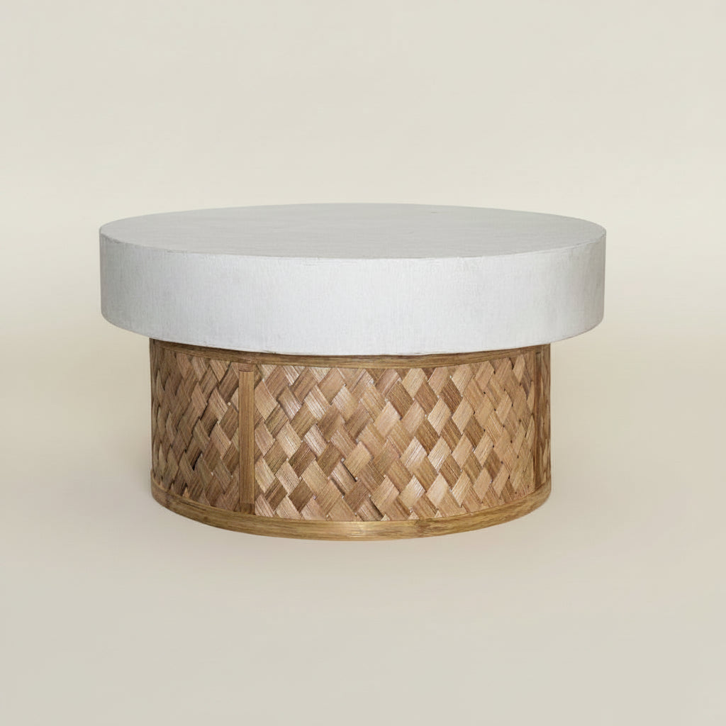 Lerato woven bamboo and resin round coffee table, coastal luxe, bisque