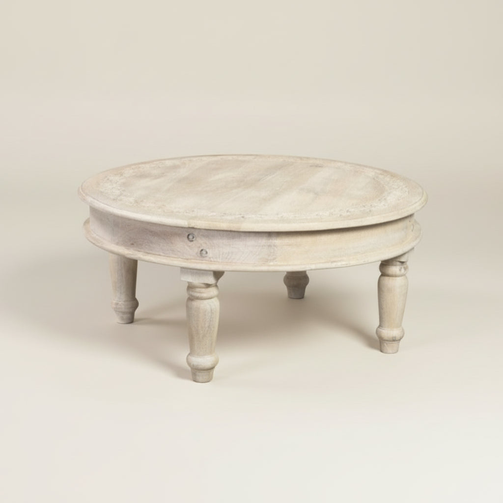 round Indian white washed coffee table, wabi sabi
