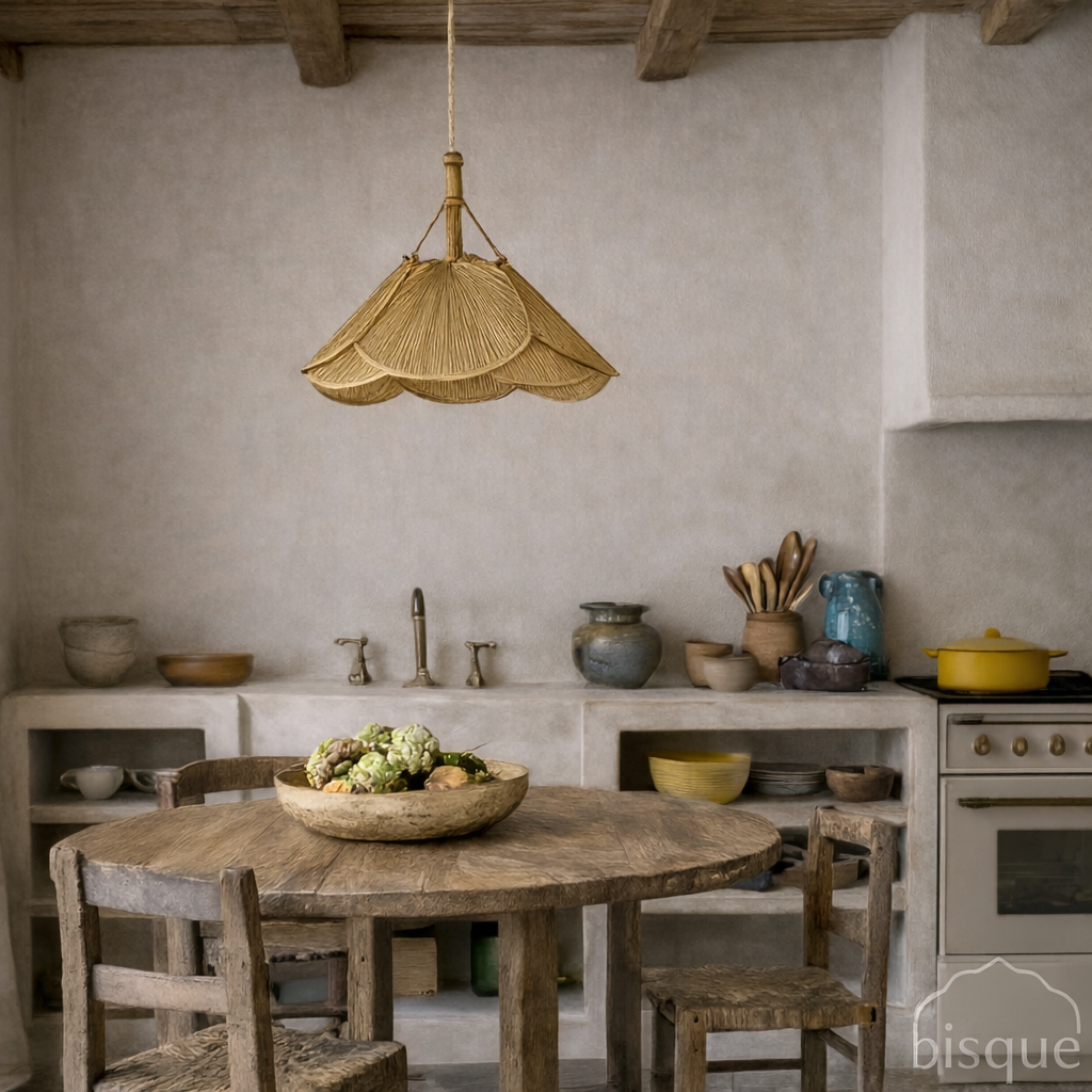 Kitchen with wooden table, chairs, and a Lweendo bamboo fan pendant light fixture.