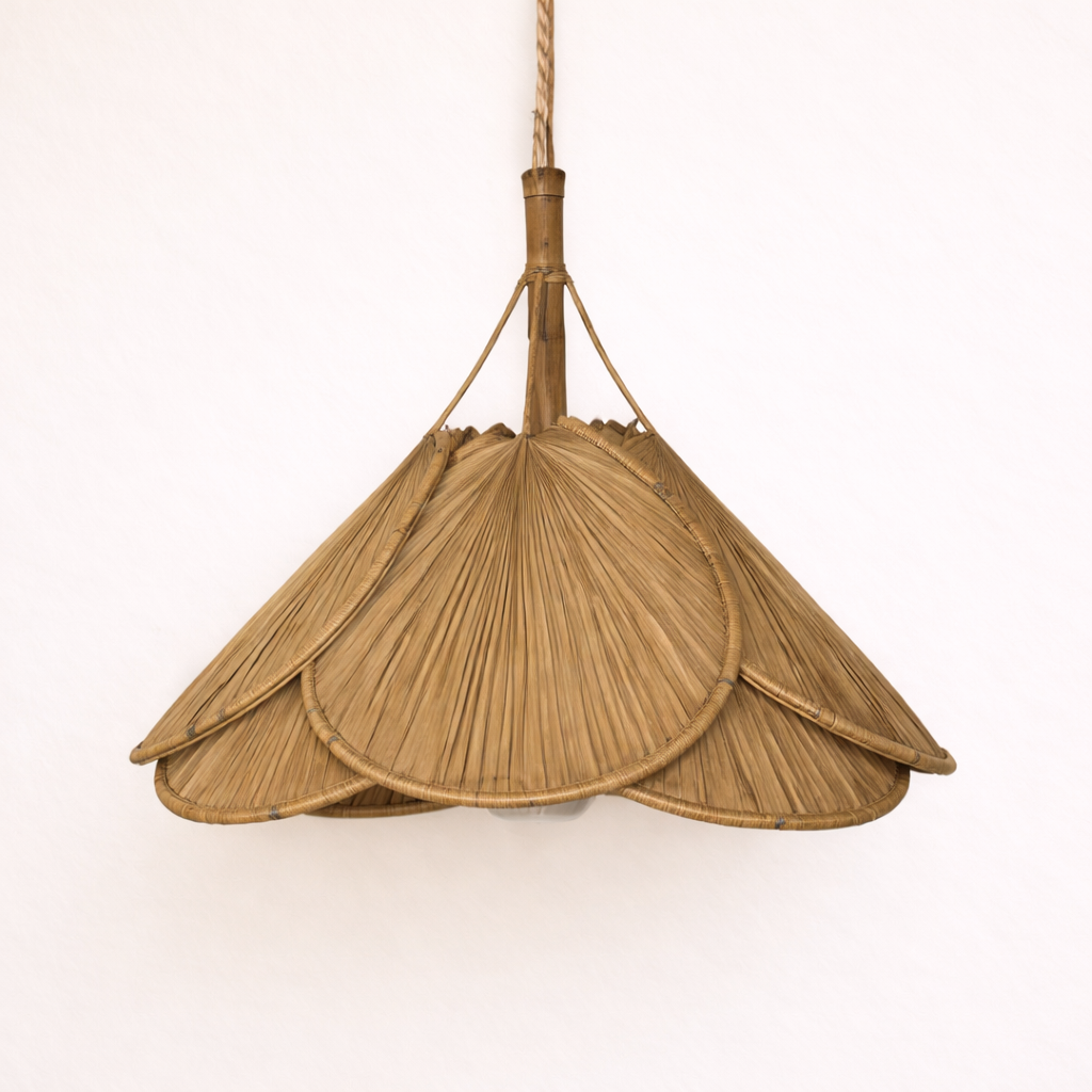Lweendo bamboo fan pendant light on a white background