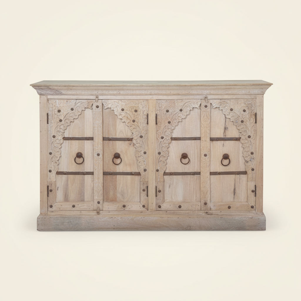 carved I67cm 4 door indian cabinet white washed Bisque
