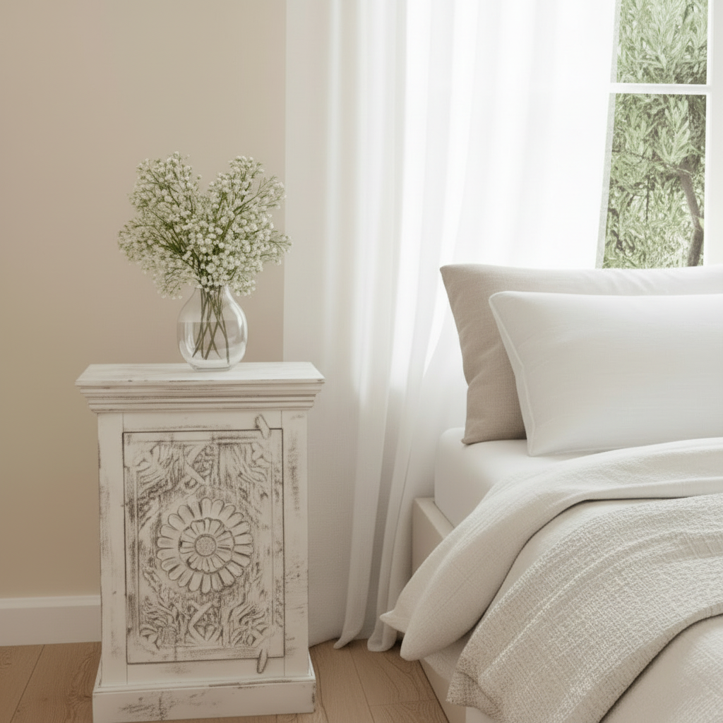 Neatly made bed with white bedding in a bright bedroom with large windows.