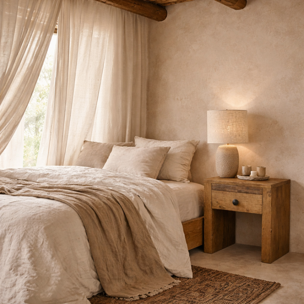 Cozy bedroom with beige bedding, wooden nightstand, and soft lighting.