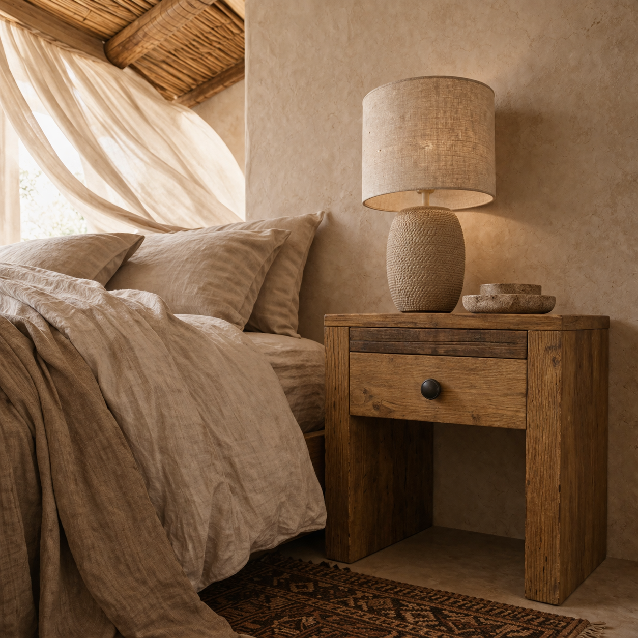 Bed with wooden bedside table and lamp in a bedroom setting