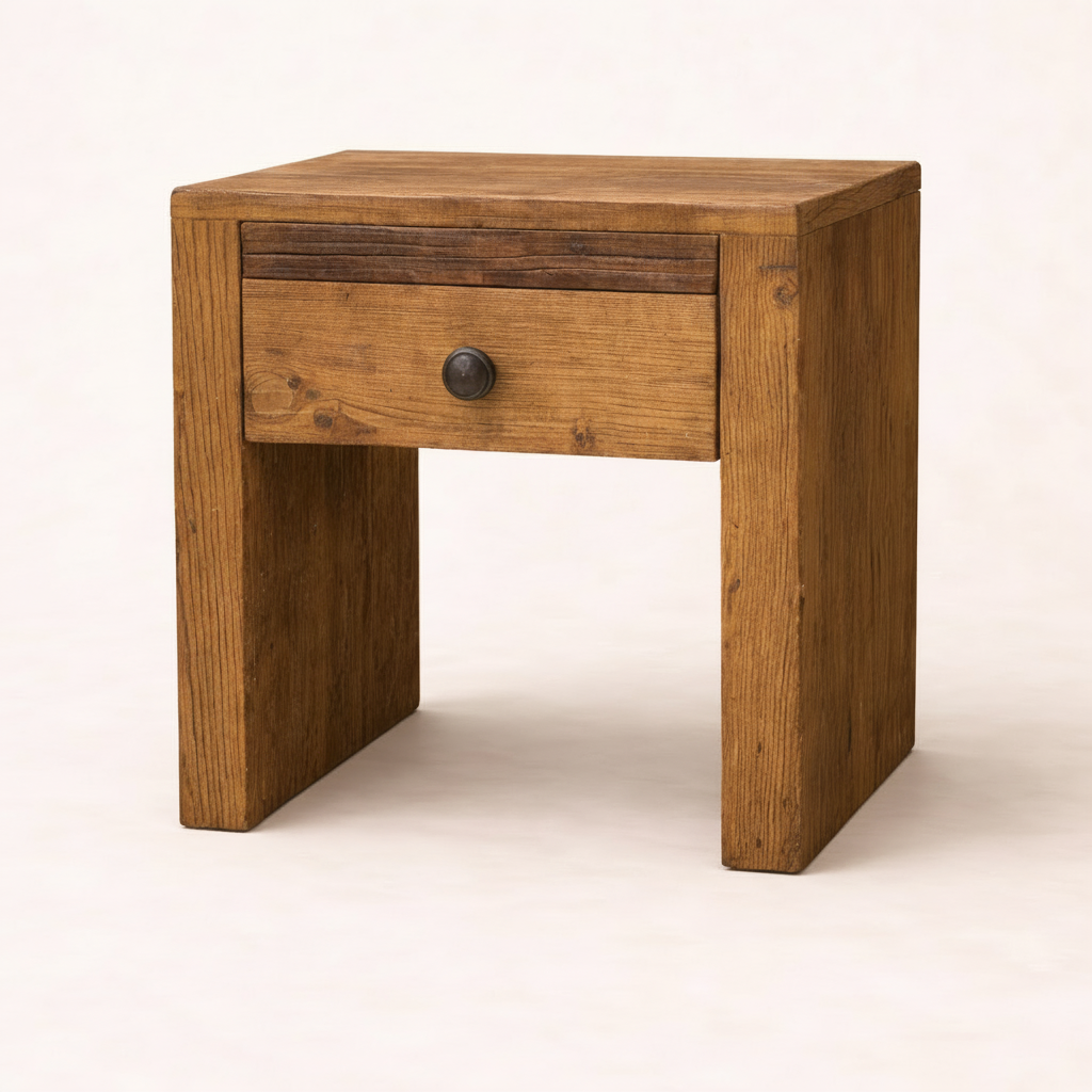 Wooden side table with a single drawer on a white background