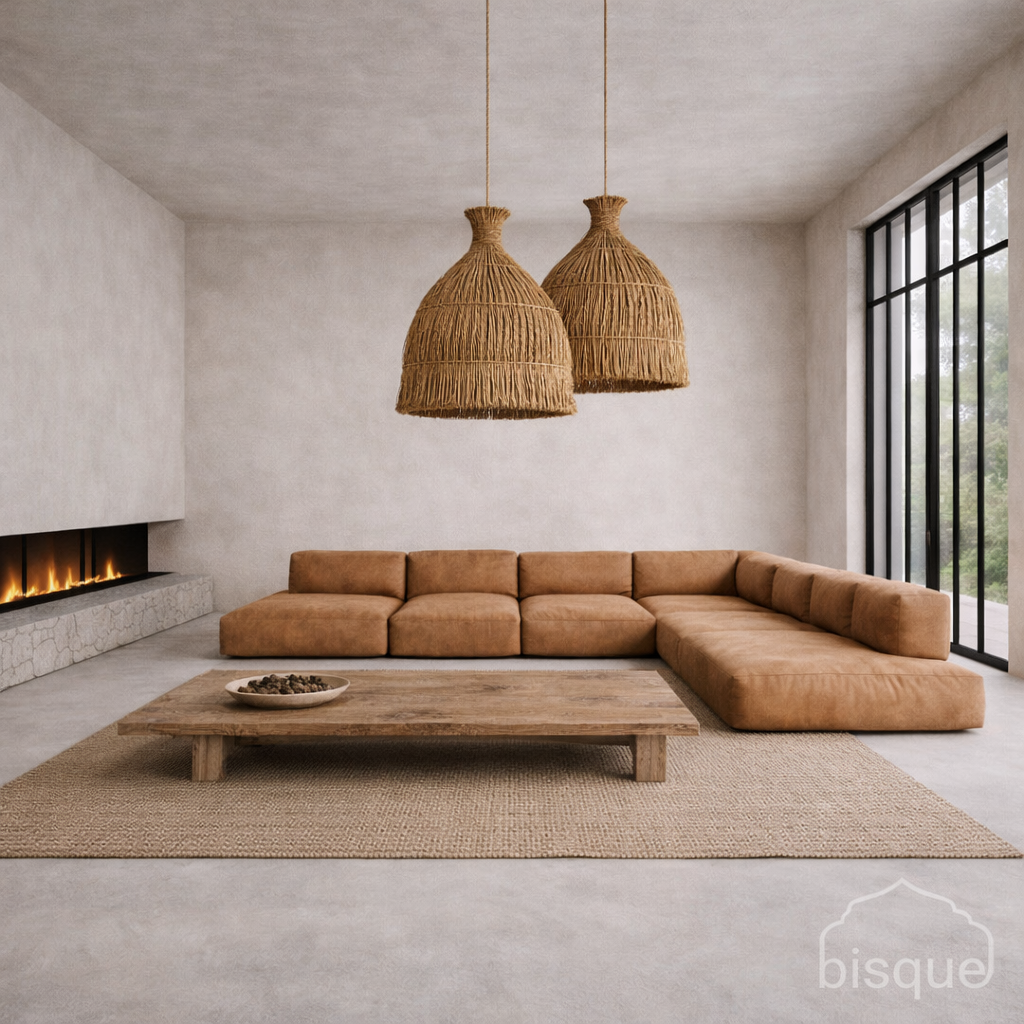 Modern living room with a brown sectional sofa, wooden coffee table, and Mande woven pendant lights.