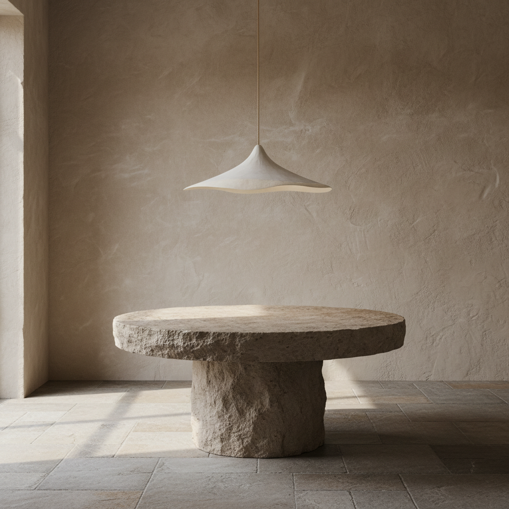a white resin matteo 50cm pendant light over a stone table