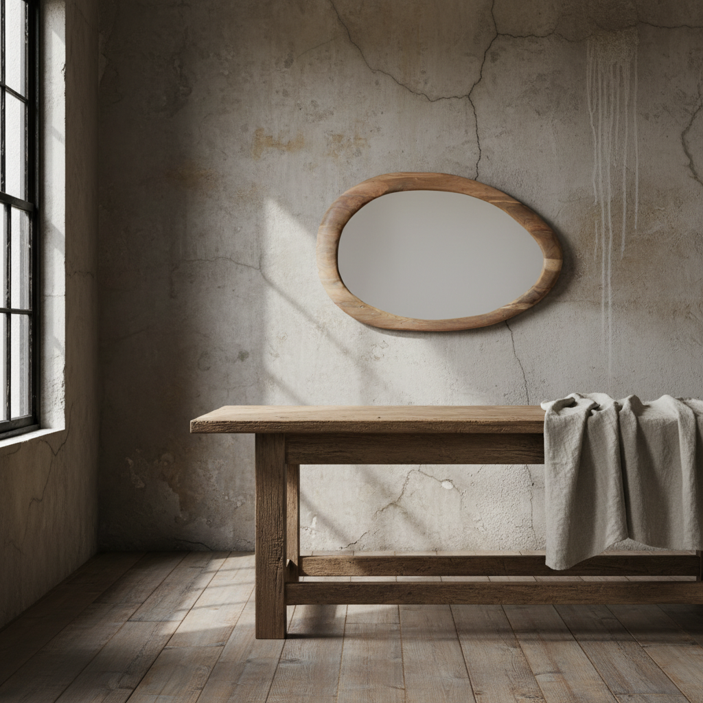 An organic-shaped wooden wall mirror hangs on a textured concrete wall above a rustic wooden bench with a draped linen throw, in a sunlit room with a window and wood floor.