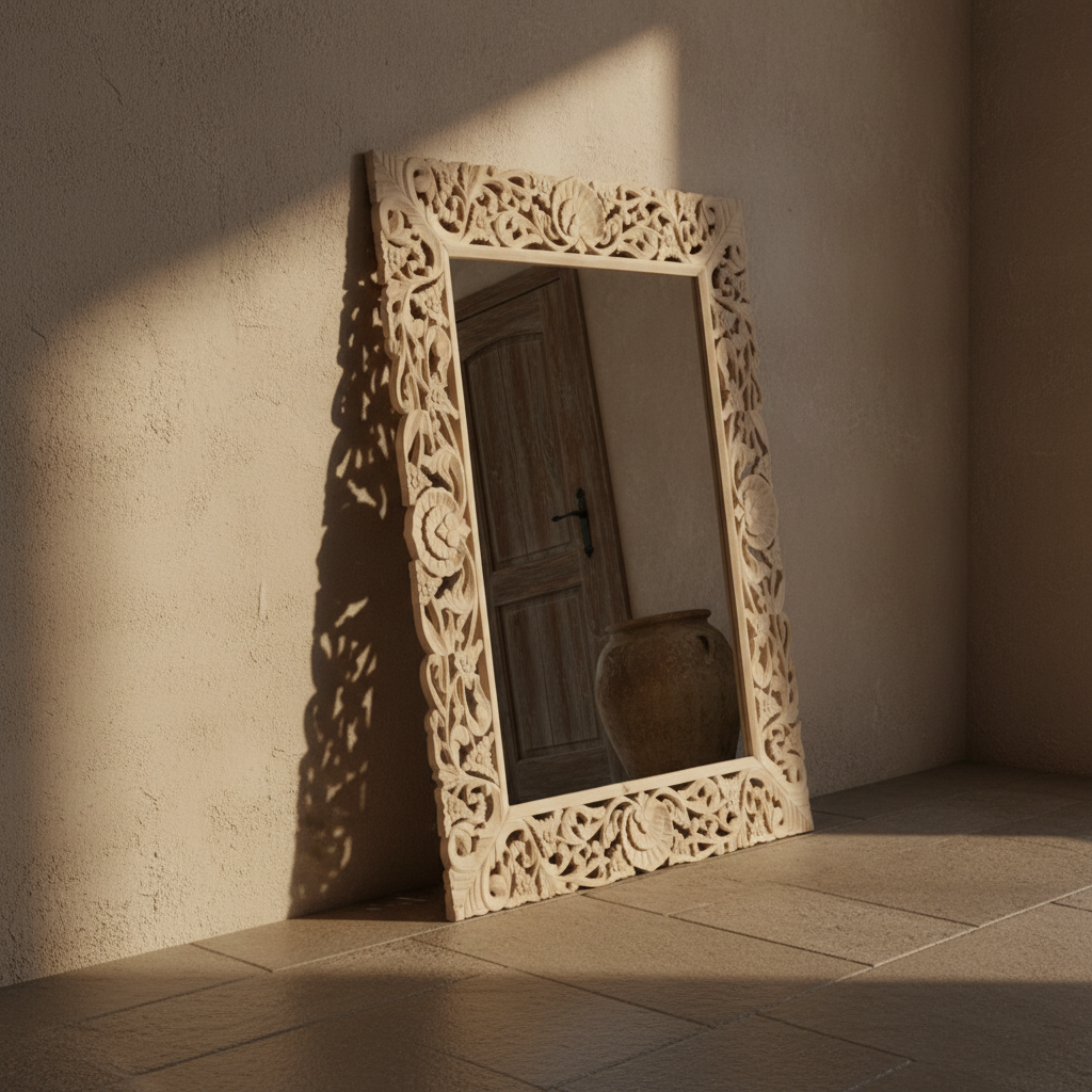 An ornate rectangular wall mirror with a carved, decorative cream-colored frame featuring floral and scroll motifs.