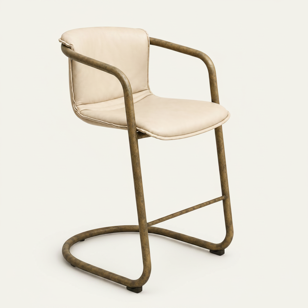 Orlando cream leather, bronze metal frame barstool, Bisque